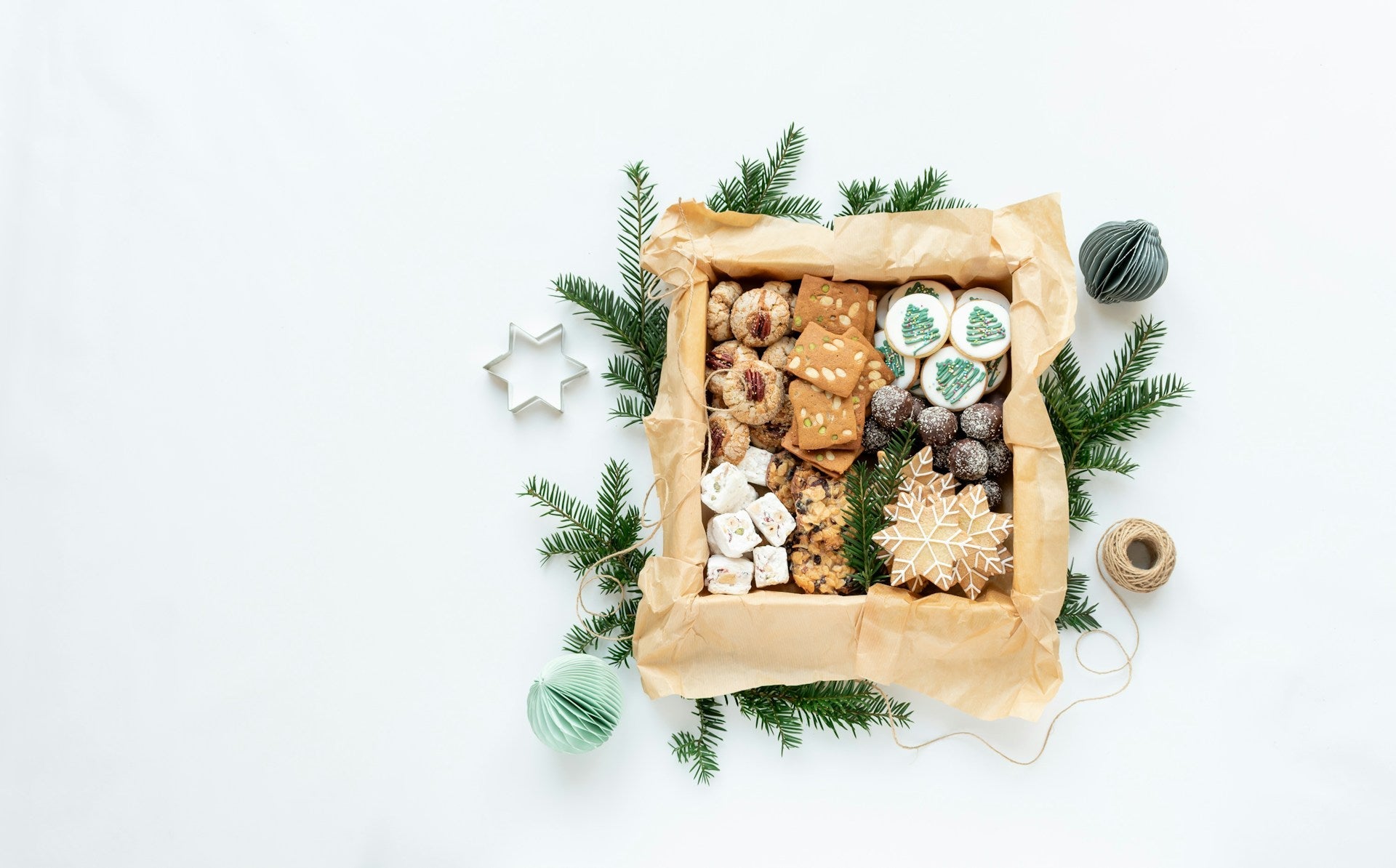 Christmas cookies arranged in a festive box