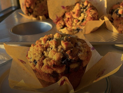a close-up of a fresh blueberry muffin