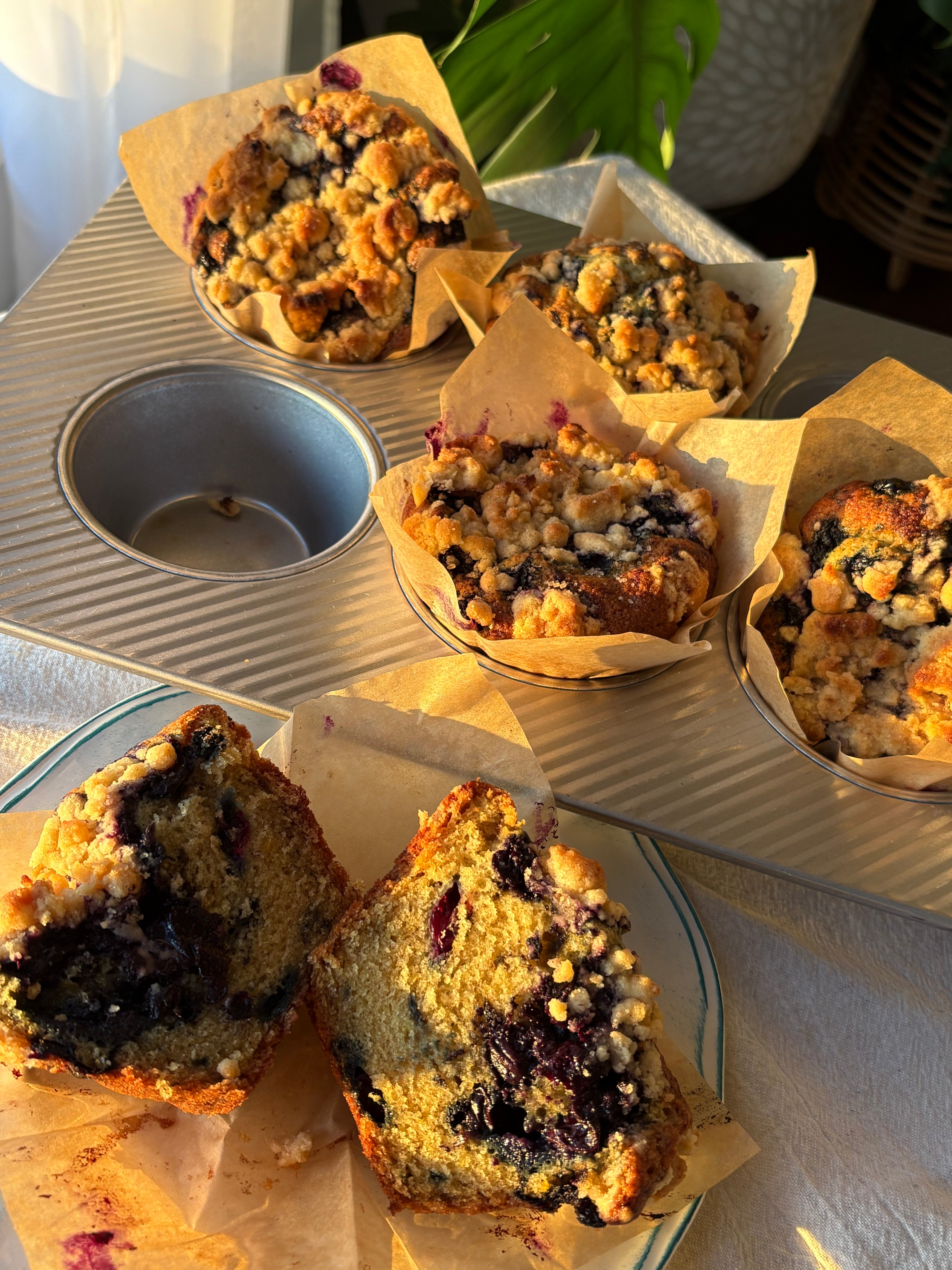 a blueberry muffin split in half next to a tray of muffins