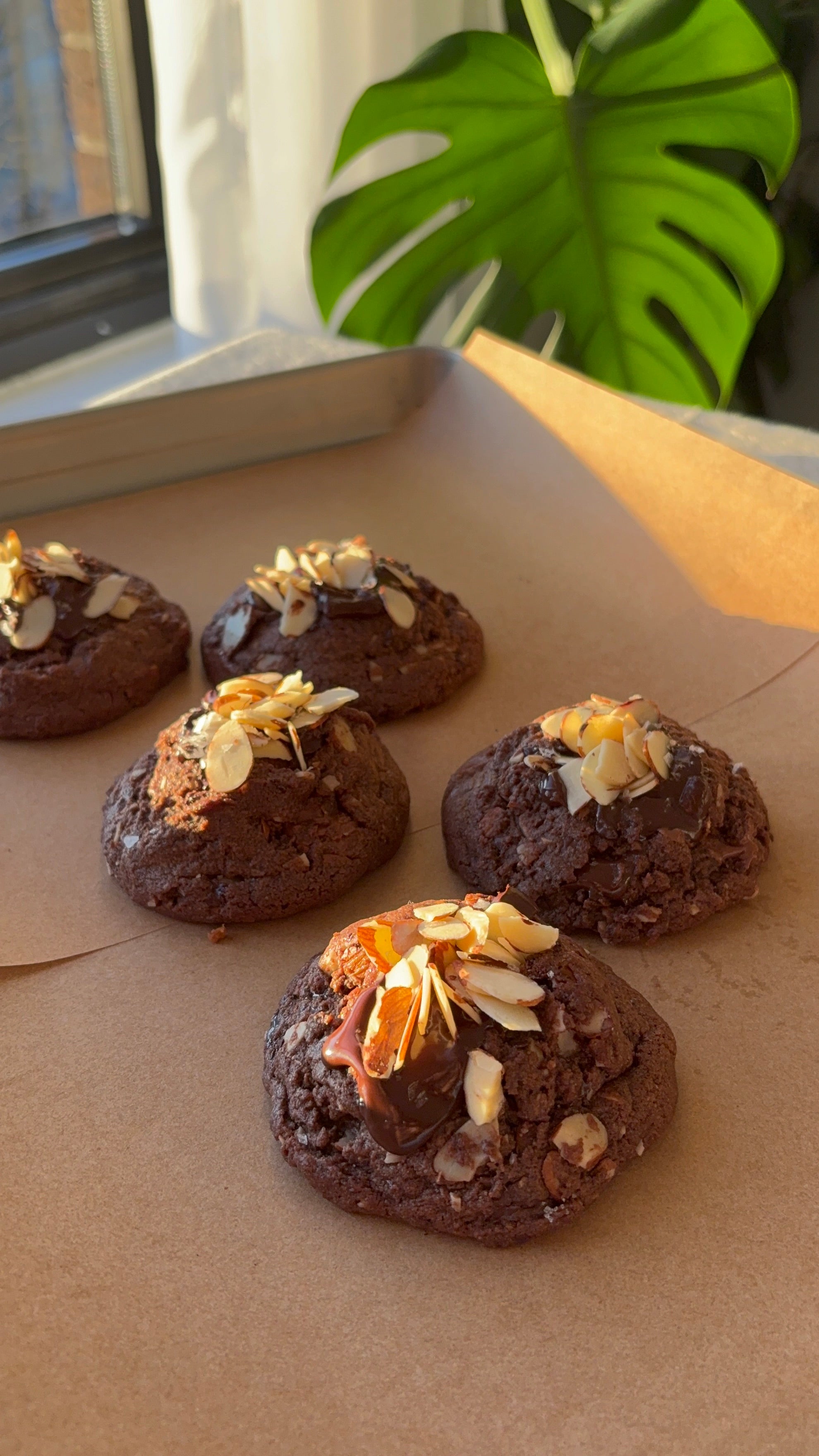 dark chocolate almond cookies on parchment paper