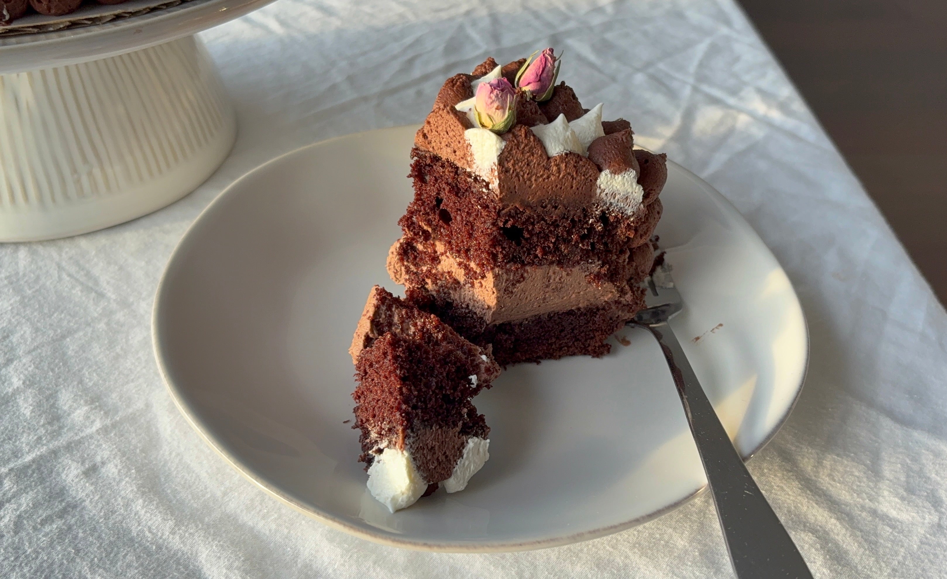 a piece of espresso chocolate cake on a plate with a fork